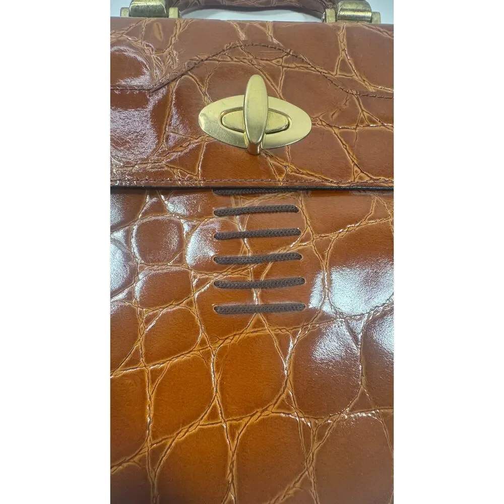 VTG Andrew Geller Handbag Croc Embossed Leather Brown Handbag Brass